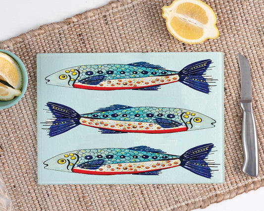 Watercolour, Hand painted Sardines - A3 Glass Cutting Board
