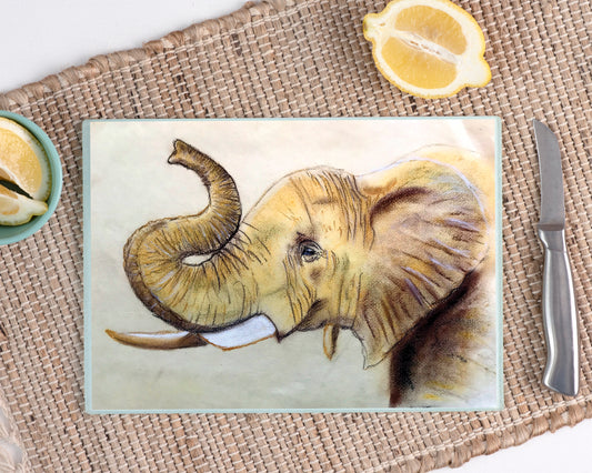 Hand Drawn Elephant A3 Glass Cutting Board