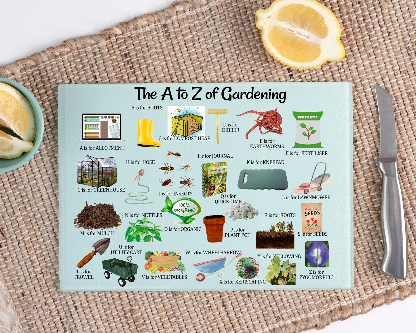 A to Z of Gardening A3 Glass Cutting Board