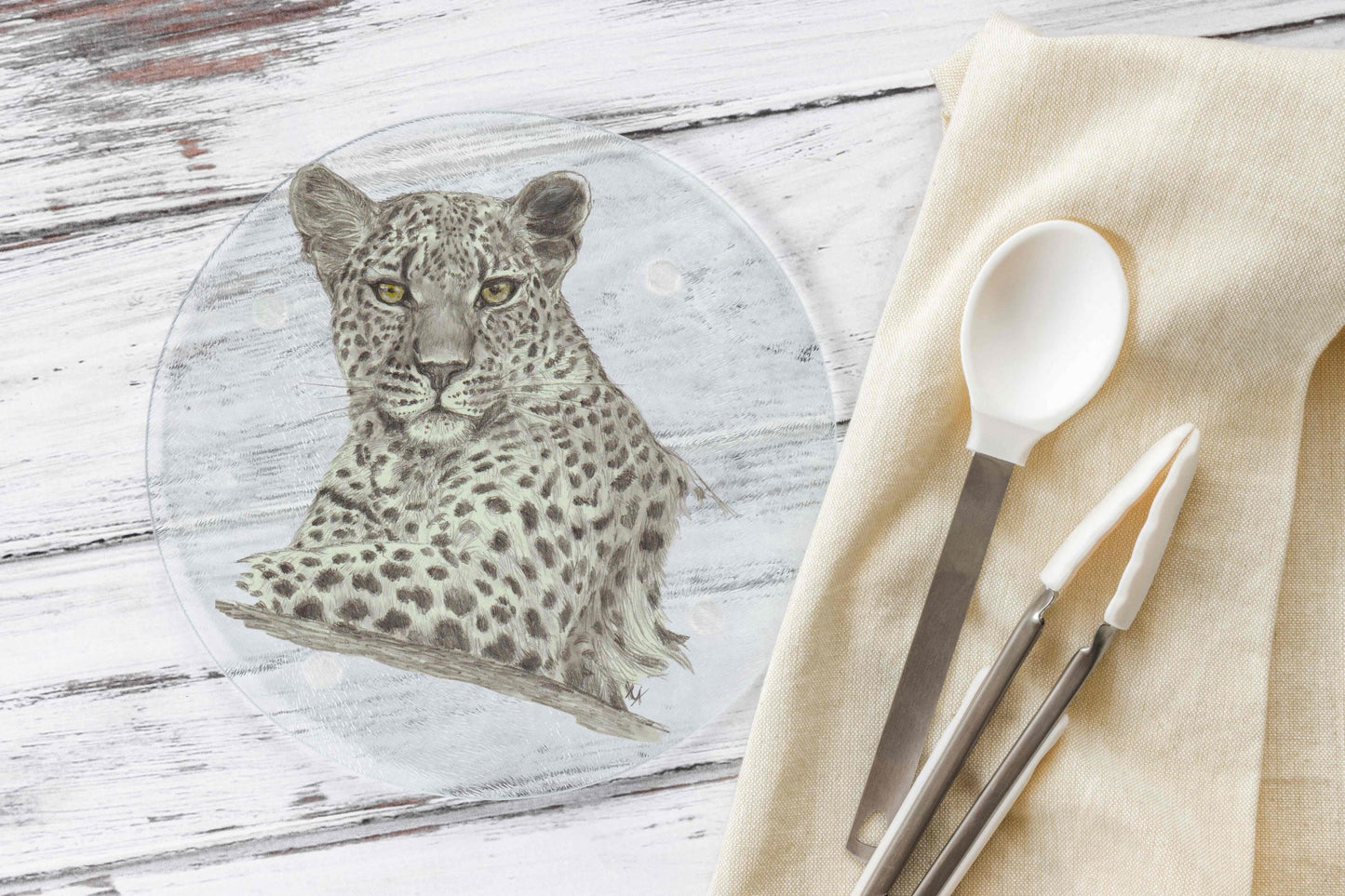 Round Glass Cutting Board - Hand Drawn Leopard