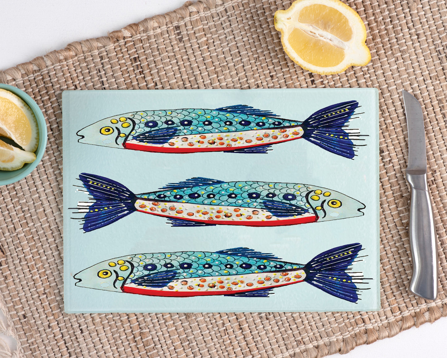 Watercolour, Hand painted Sardines - A3 Glass Cutting Board